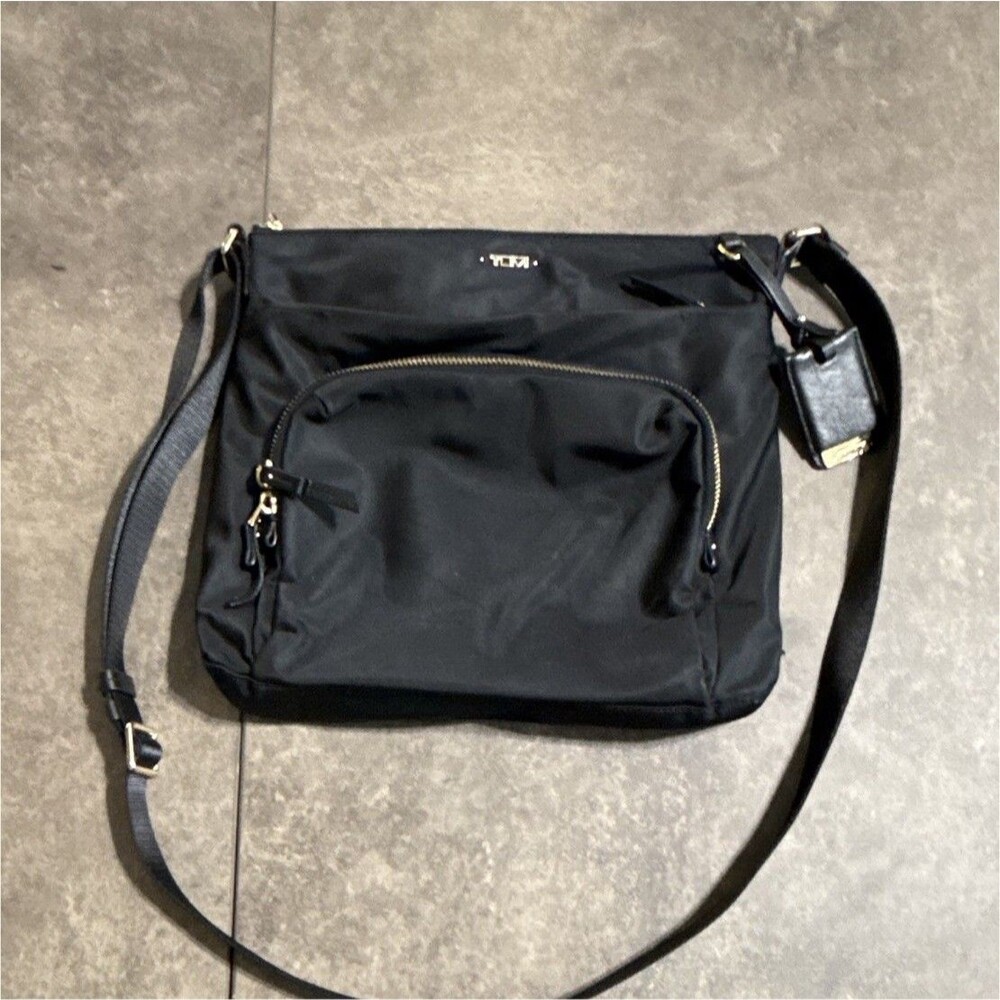 Tumi Black Medium Crossbody Bag Gold Hardware Zip Closure Detachable Strap